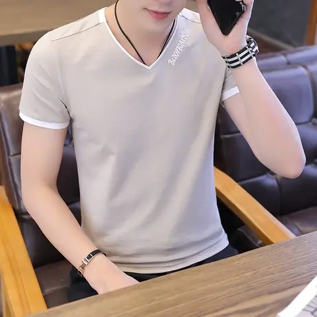 男士短袖t恤夏季v领半袖个性潮流夏装成熟帅气男装纯棉潮牌上衣服商品大图