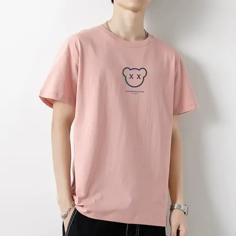 短袖t恤男纯棉粉色上衣服夏季宽松潮流小熊印花圆领全棉半袖体恤商品大图