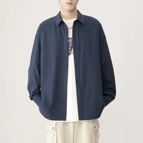 纯色衬衫男长袖春秋新款潮牌宽松尖领休闲衬衣青少年男士寸衫外套商品大图