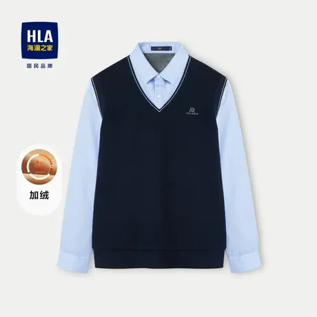 HLA/海澜之家加绒保暖针织衫2023秋冬新款V领假两件厚款上衣男图片