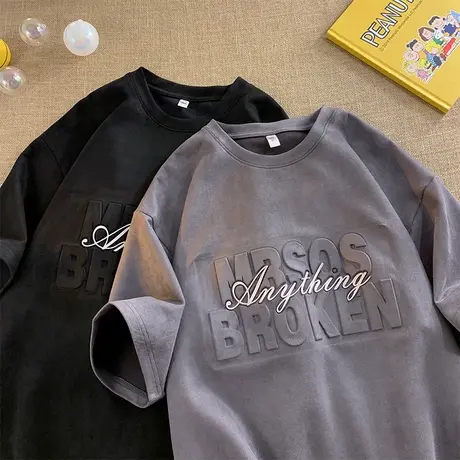 麂皮绒短袖t恤男夏季新款钢印半袖体恤休闲潮牌潮流美式宽松上衣商品大图