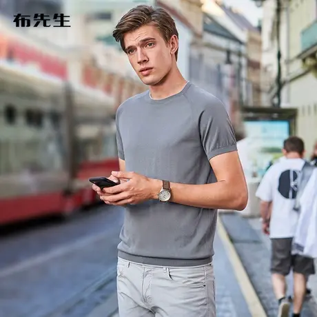 MrBu布先生雅致撞色织边圆领舒适针织衫男时尚打底短袖T恤AT10917商品大图