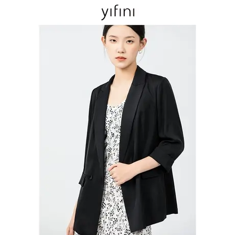 Yifini/易菲黑色宽松通勤七分袖西装女初秋新款真丝薄款外套图片