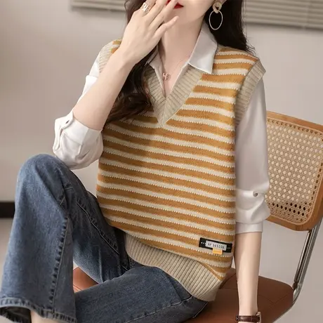 叠穿针织背心马甲女春秋2024新款设计感条纹外穿宽松毛衣坎肩马夹商品大图