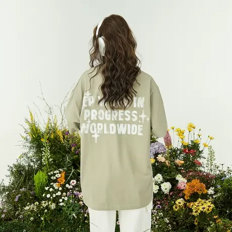 YEP潮牌绿色字母短袖t恤女2025新款夏季复古宽松oversize半袖上衣图片