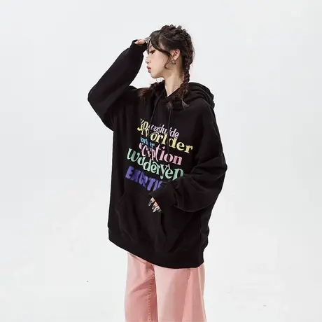 YEP黑色连帽卫衣女春秋2024年新款复古潮牌宽松oversize外套图片