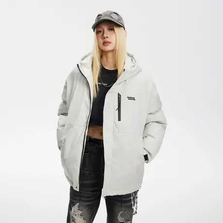 潮牌纯色连帽保暖棉服女冬季加厚外套2023新款复古宽松小个子棉衣商品大图