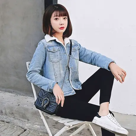 秋冬新款加绒加厚牛仔外套女修身韩版羊羔毛牛仔棉衣短款棉服图片