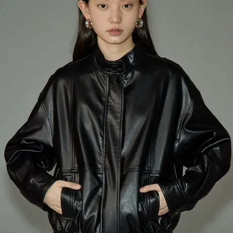 omont蛋挞家 复古黑色皮衣外套女秋冬新款机车服飞行员皮夹克商品大图