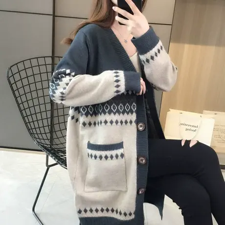 秋季中长款针织开衫女春秋装新款韩版宽松外搭港味复古毛衣外套图片