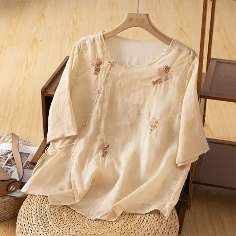 享永子短袖刺绣苎麻上衣女文艺复古宽松国风棉麻小衫2024夏季新款图片