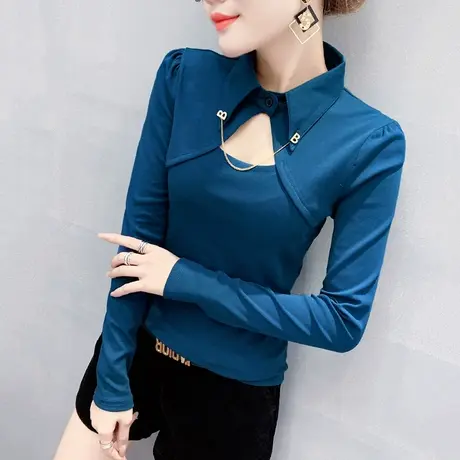 泡泡袖镂空T恤女长袖设计感洋气质翻领上衣百搭加绒打底衫女秋冬商品大图