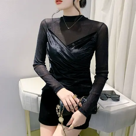 黑色网纱金丝绒拼接T恤女长袖气质半高领假两件上衣洋气修身小衫商品大图
