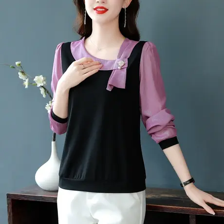 大码长袖打底衫女2023秋季新款妈妈装洋气减龄百搭女上衣接拼雪纺商品大图