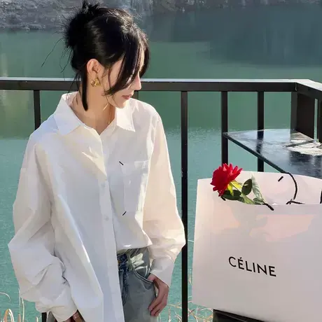 简约款白色衬衫高级感长袖白衬衣女宽松休闲设计感上衣外套春秋潮商品大图
