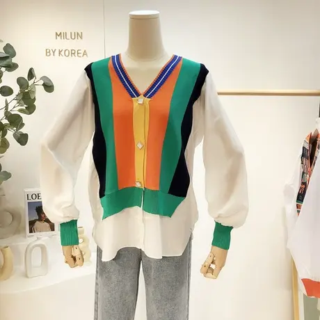 2021早秋新款针织衫小众设计感V领撞色拼接长袖衬衫宽松遮肉欧货图片