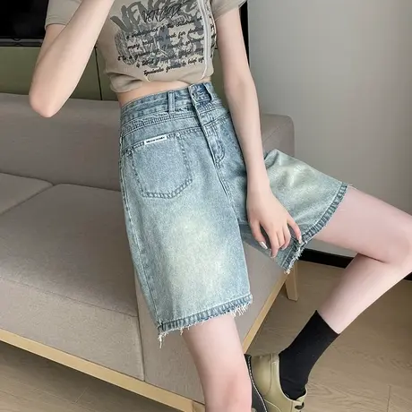 牛仔短裤女五分夏季薄款高腰a字宽松显瘦遮肉毛边小众阔腿中裤潮商品大图
