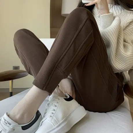 休闲运动裤女秋冬加绒2024新款小个子束脚咖啡色裤子女卫裤哈伦裤图片