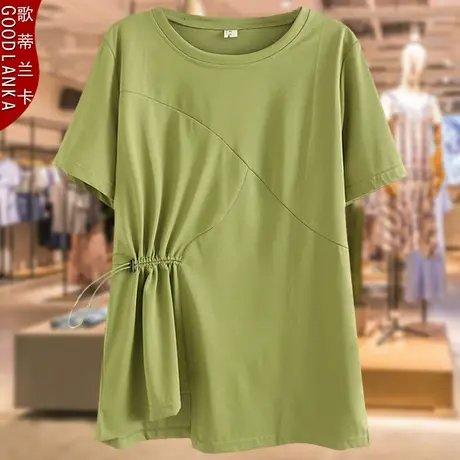 年轻气质妈妈夏季短袖T恤宽松200斤加肥加大码女装不规则抽绳上衣商品大图