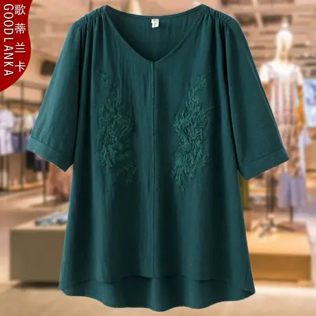 大码中年妈妈夏装棉麻t恤女宽松遮肚洋气刺绣中老年女五分袖上衣商品大图