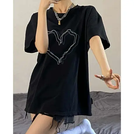 美式复古纯棉正肩短袖t恤女夏季宽松潮牌ins设计感小众半袖上衣服商品大图