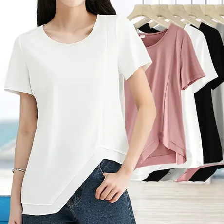 白色不规则上衣高级感圆领基础款单件短袖t恤下摆不对称外穿体恤图片