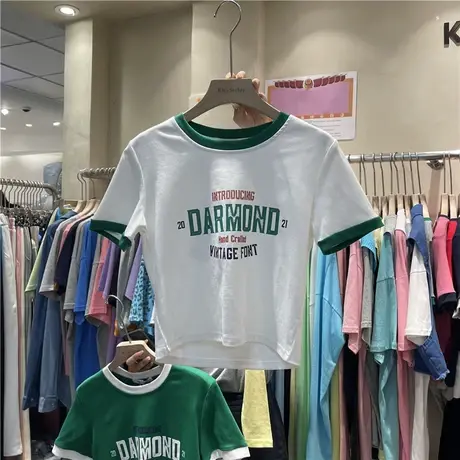 短袖t恤女2021夏季新款韩国法式简约字母纯色修身修身撞色上衣服商品大图