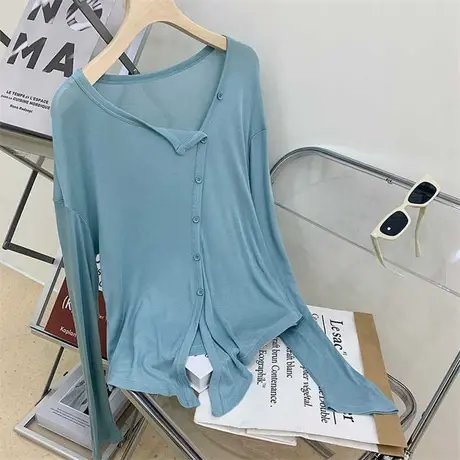 白色V领慵懒防晒衣长袖针织衫女夏韩版宽松显瘦斜领薄款T恤打底衫商品大图