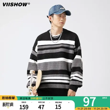 VIISHOW日系复古条纹毛衣男生秋冬季2023新款宽松男慵懒风针织衫商品大图