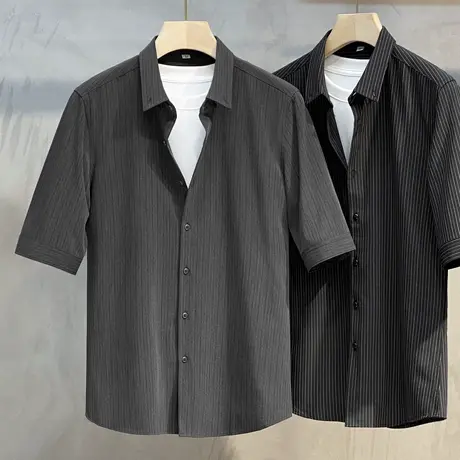 高端衬衫男短袖韩版潮流中半袖夏季薄款港风休闲外套男士衬衣免烫商品大图