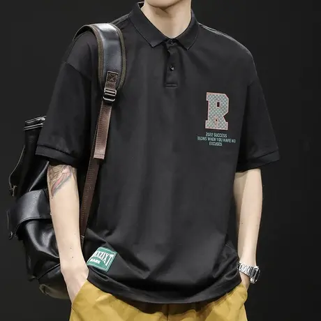 夏季黑色polo衫男短袖t恤男士宽松大码潮牌2024新款男装体恤男款商品大图
