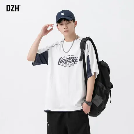 男生日系假两件印花短袖男设计感小众纯棉t恤宽松半袖上衣体恤衫商品大图