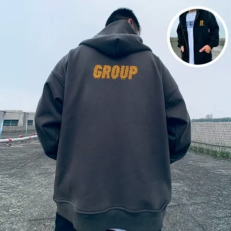 oversize秋冬季宽松加肥加大码连帽加绒拉链开衫胖子卫衣男潮外套商品大图