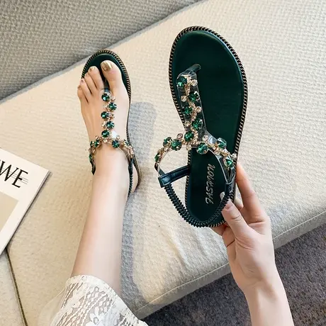 永希女鞋水钻露趾凉鞋女2024年春季新款百搭平底单鞋女仙女风鞋女商品大图