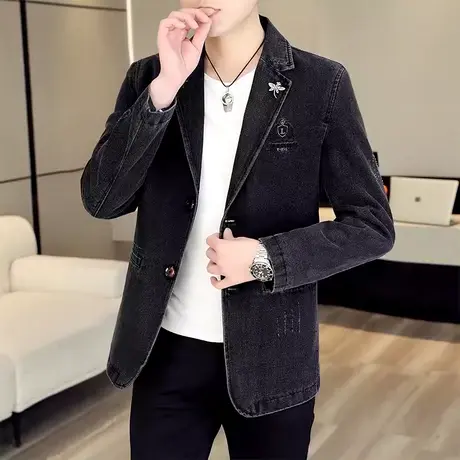 外套男士牛仔西服秋季潮流水洗复古牛仔衣褂子韩版帅气休闲小西装图片