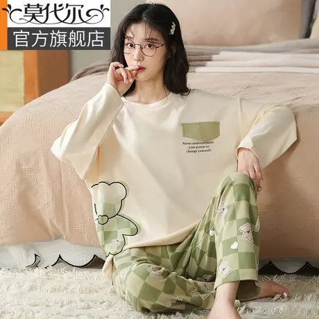 睡衣女春秋款纯棉卡通可爱圆领小熊女生2022年新款夏季家居服套装图片