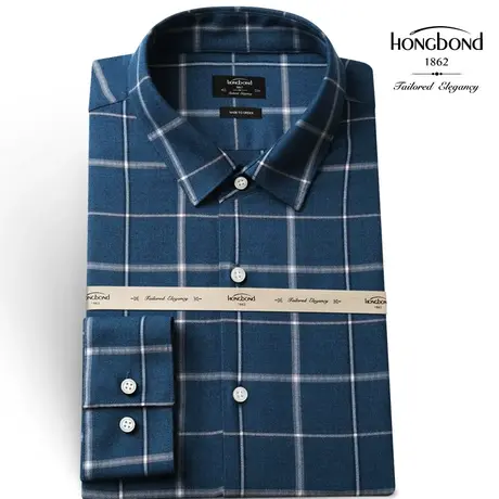 红邦创衣 2023秋蓝衬衫格子男长袖舒适磨毛时尚简约韩版抗皱衬衣商品大图