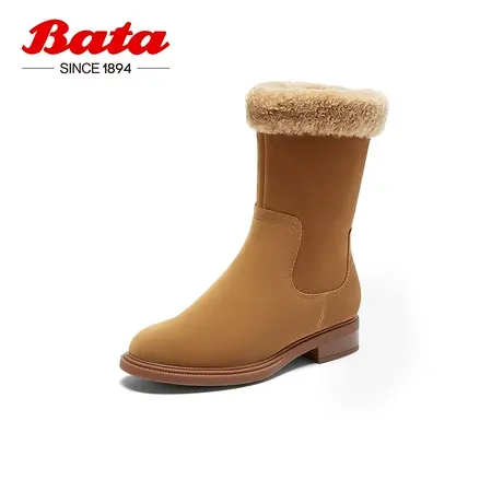 奥莱Bata雪地靴女冬新款牛皮粗跟保暖羊毛软底翻翻时装靴AKL64DS3图片