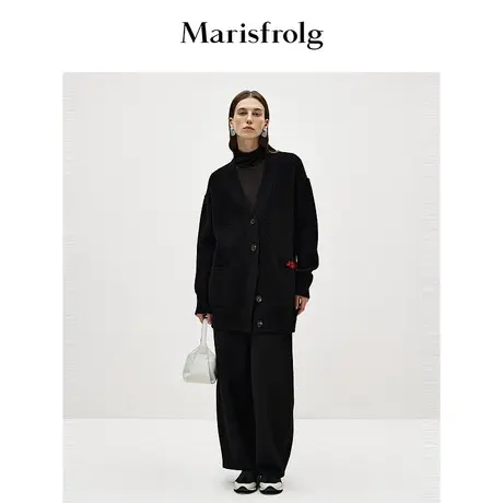 【商场同款】玛丝菲尔2024春新款黑色V领开衫长袖保暖针织衫外套商品大图