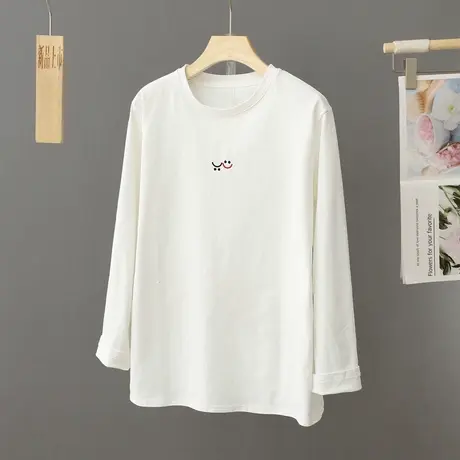 2024年新款长袖中长款内搭纯色刺绣t恤女宽松显瘦大码纯棉打底衫商品大图