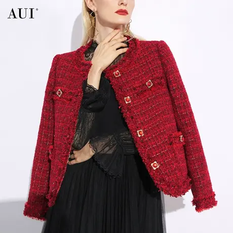 AUI红色洋气小香风短款外套女秋冬2024新款气质粗花呢上衣加羽绒商品大图