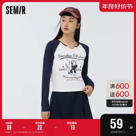 森马长袖T恤女短款设计感2023春季新款美式插肩袖印花套头衫甜酷图片