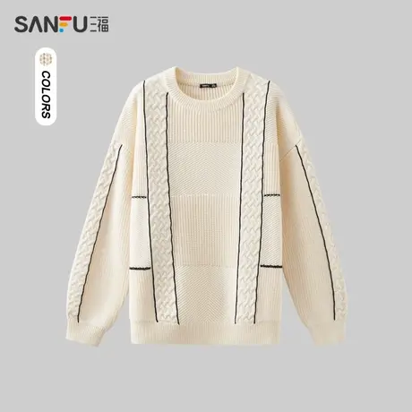 三福2023冬季男士撞色线条扭绳设计感毛衣 拼接上衣男479622商品大图