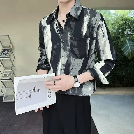 春秋季个性复古泼墨衬衫男宽松长袖上衣潮流痞帅小众百搭休闲衬衣商品大图