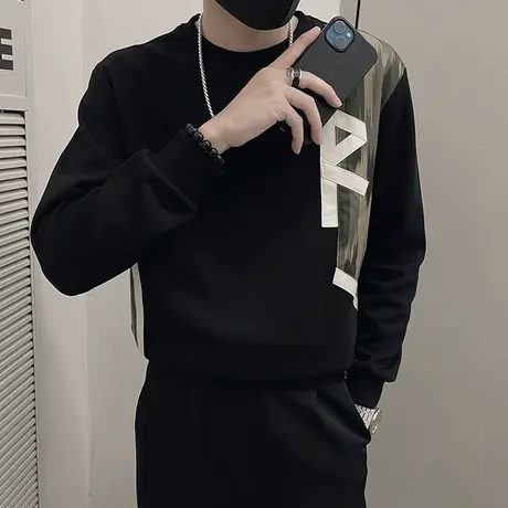 春秋季重磅美式撞色贴布男卫衣新款痞帅高级感长袖t恤打底衫体恤商品大图