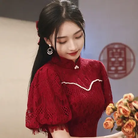 旗袍敬酒服新娘平时可穿酒红色小个子结婚订婚回门礼服连衣裙开叉图片