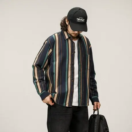 时尚衬衫休闲男长袖衬衫百搭色织条纯棉春秋翻领衬衫外套休闲男装图片