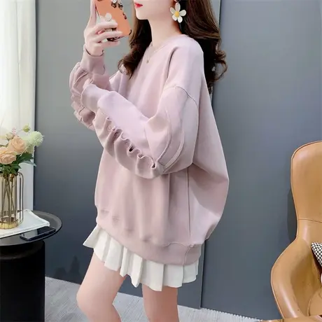 设计感洋气减龄褶皱袖子圆领卫衣女2024新款春季宽松百搭甜美上衣商品大图