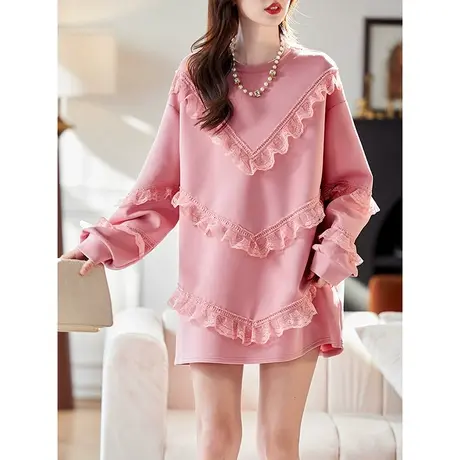 宝诗黎圆领蕾丝钉珠拼接中长款卫衣2024春季新款宽松百搭休闲上衣商品大图