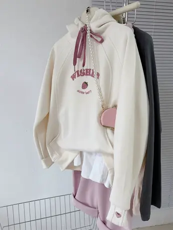 2024春季新款牙刷绣草莓帽衫上衣宽松女款设计感小众韩系连帽卫衣商品大图